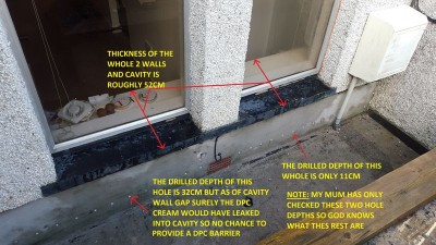 This is the front of my basement flat where they have only drilled injection dpc from outside wall. The cavity wall is roughly 52cm total. I have checked 2 of the hole depths which are 32cm depth and 11cm depth which in my opinion is shocking. See pic for details.