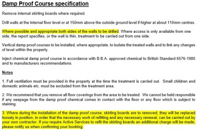 This is a screenshot of part of the Injection damp course specification which states the injection damp course will be drilled and injected from both sides of the wall. I cannot understand why they have only injected from the outside cavity wall and not even penetrated all the way through.