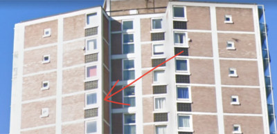 External view and location of window where the arrow points.