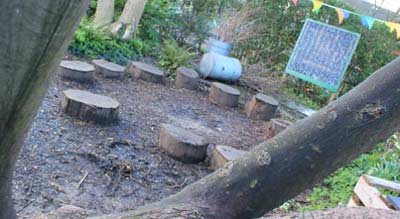 Outdoor classroom with blackboard and fire pit