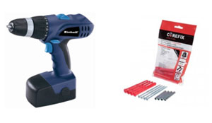 Einhell blue cordless drill driver and Corefix fixings