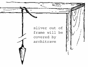 Hang a plumb line from the door frame to ensure that it is straight and square