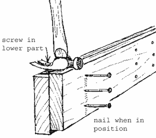 Image of how to nail a bowed peice of wood to straighten it