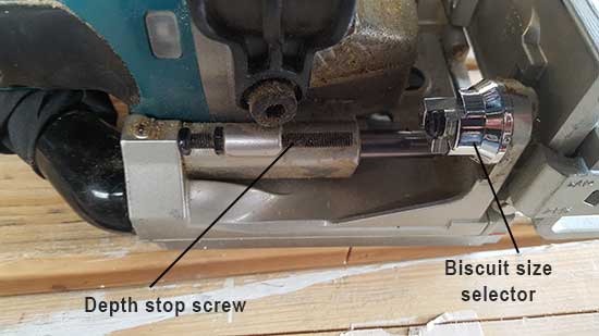 Biscuit size selector and depth stop screw