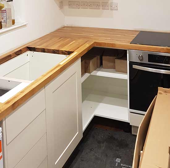 Base units fixed in place in a kitchen