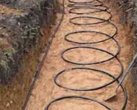 Ground source heat pump pipework laid out in trench