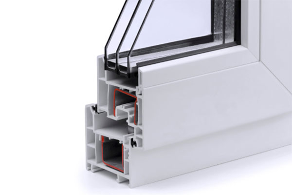 UPVC door frame cross section showing steel core in red