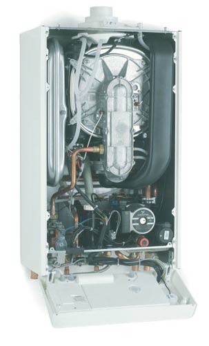 Combi boiler with front panel removed