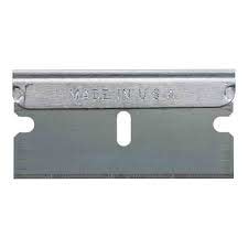 Razor blade or sharp knife used to break seal between putty and glass
