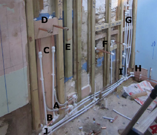 False stud wall hiding bathroom pipes to concealed shower