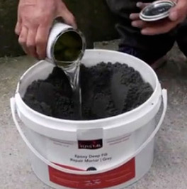 Mixing an epoxy concrete repair mortar by adding the hardener