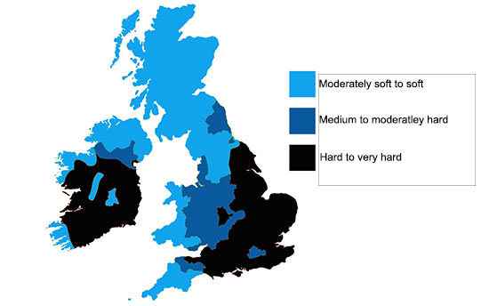Hard and soft water locations around the UK
