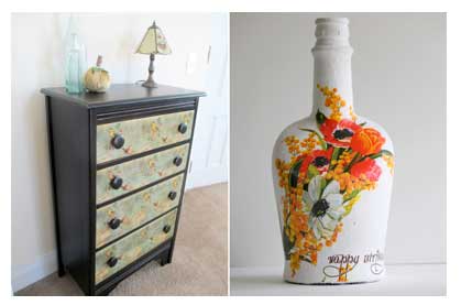 Decoupage chest of drawers and bottle