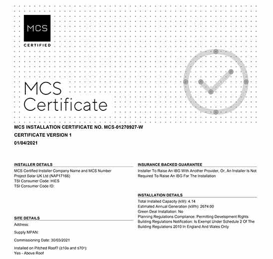 Example of an MCS certificate