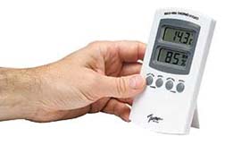 A hygrometer measures the dampness of the air