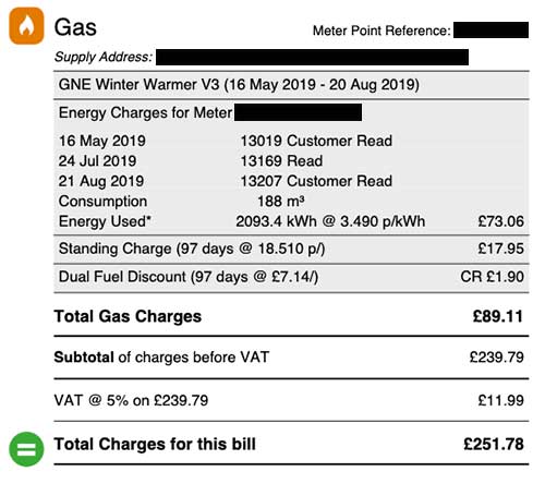 Past meter reading from previous bill