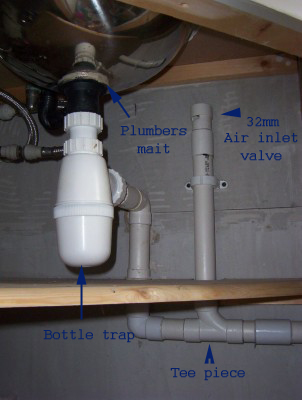 Air inlet valve fitted to basin to prevent gurgling