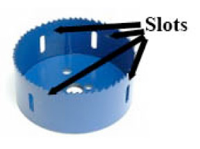 Slots in side of hole saw for removing waste once hole cut