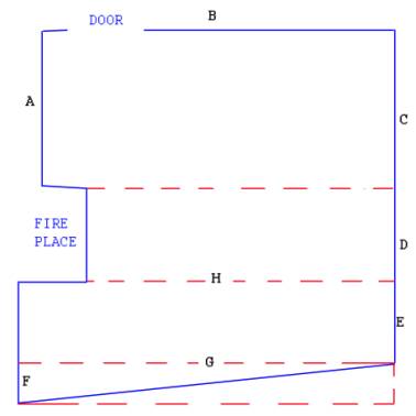 Downstairs floor area example showing the space divided into rectangles for easy measurement calculation