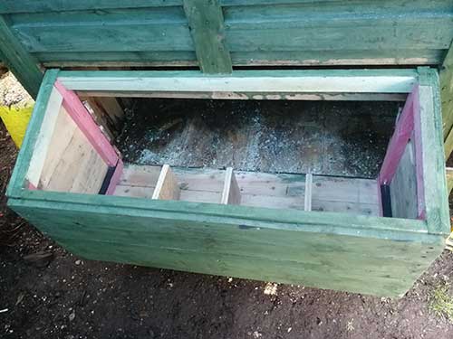 Nest box screwed in place through floor, up each side, and along the top