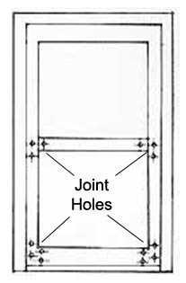 Position of joint holes in a wooden window frame