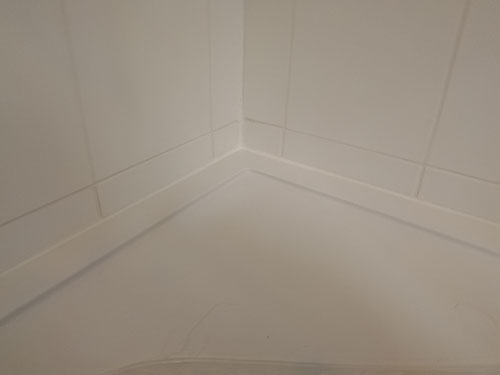 Grouting and sealed ceramic tiles above shower tray