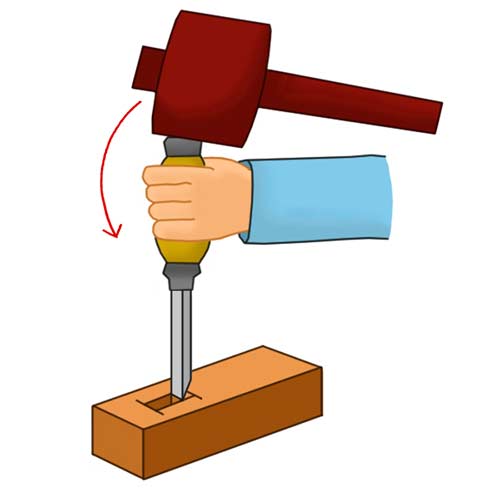 Tapping chisel with mallet to remove waste timber