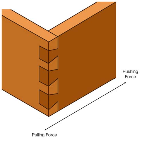 Tails and pins of dovetail help to resist forces