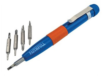 Instrument screwdriver with pen clip and 6 bits