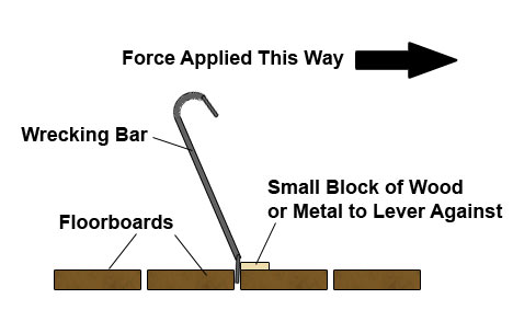 Levering up floorboard with wrecking bar