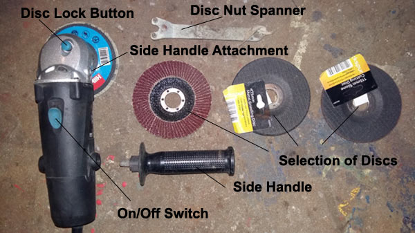 Different parts of and attachments for an angle grinder