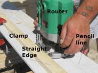 Router setup with clamped straight edge and pencil line to follow